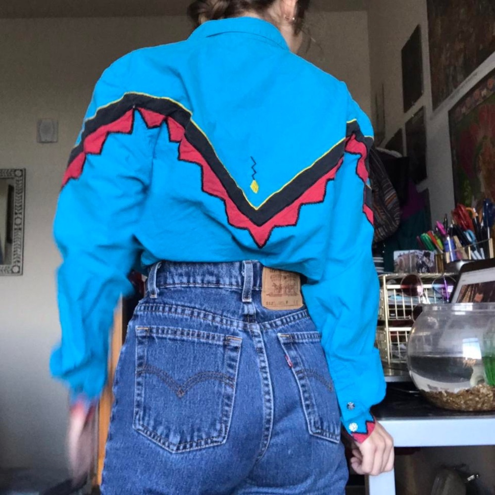 Vibrant Vintage Western Button-Up Neon Blue With Hot Pink and Yellow Details - Picture 2 of 4